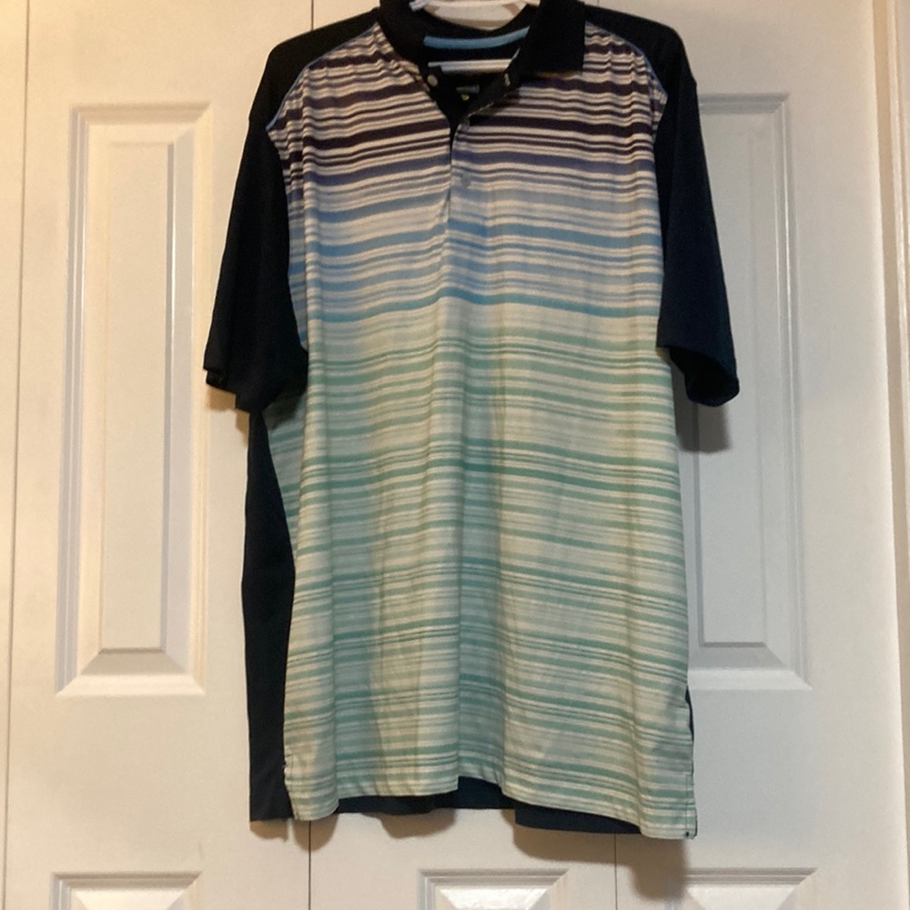 GregNorman navy light blue and green stripe golf shirt